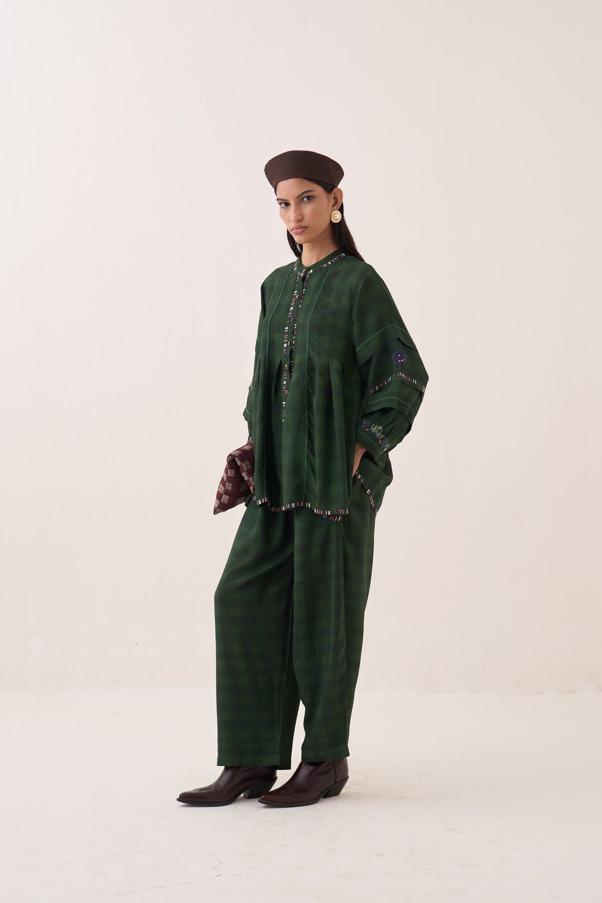 Gingham Green Barrel Pants - view 2