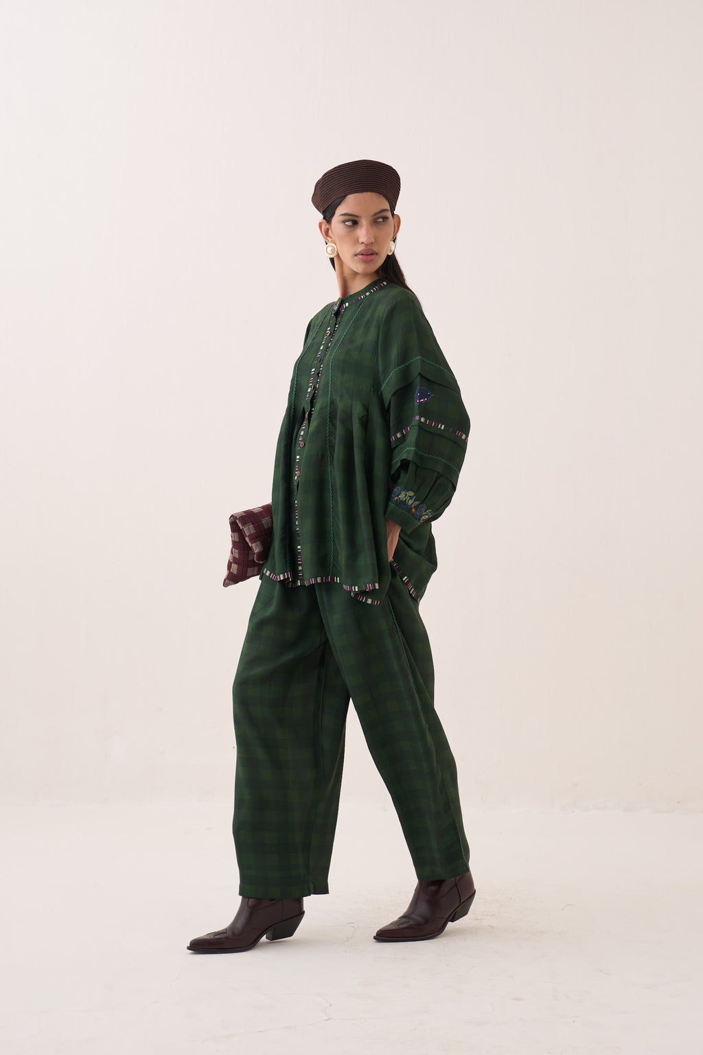 Gingham Green Barrel Pants - view 3