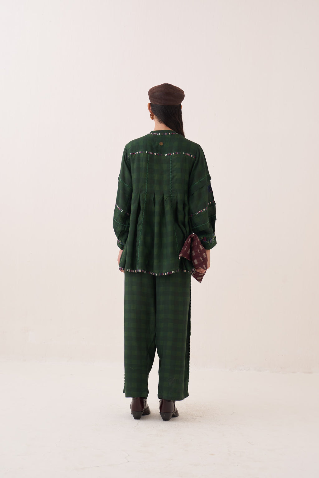 Gingham Green Barrel Pants - view 4
