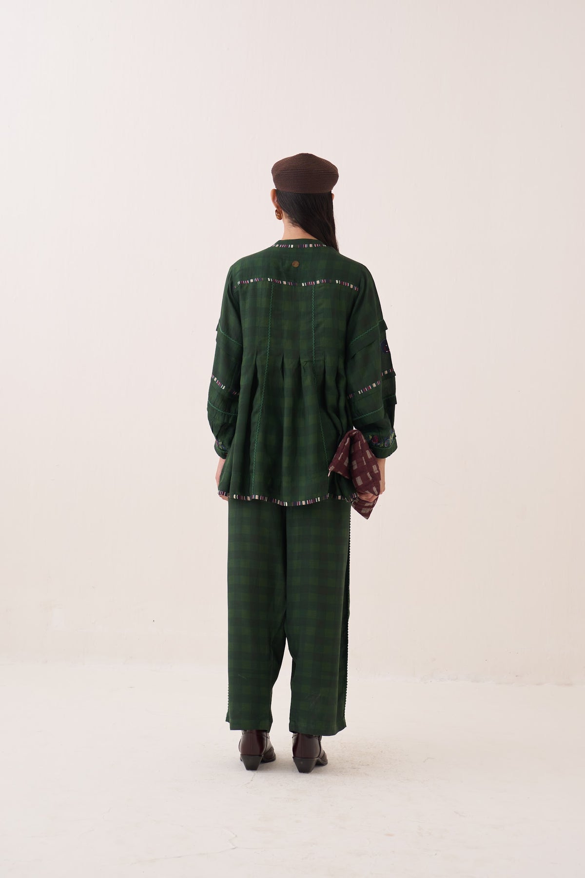 Gingham Green Barrel Pants - view 4