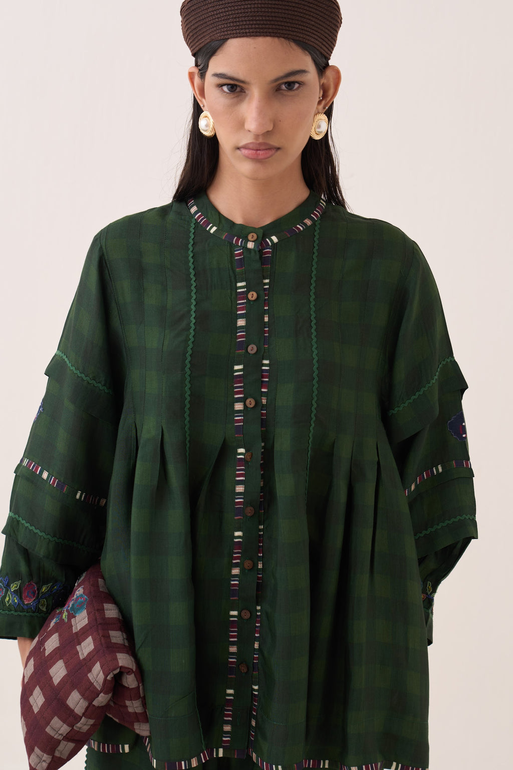 Gingham Green Pintuck Top - view 2