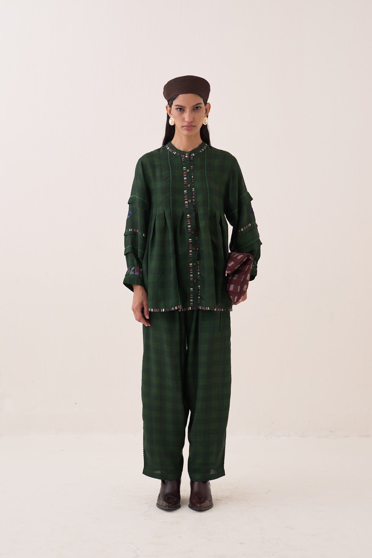 Gingham Green Barrel Pants - view 1