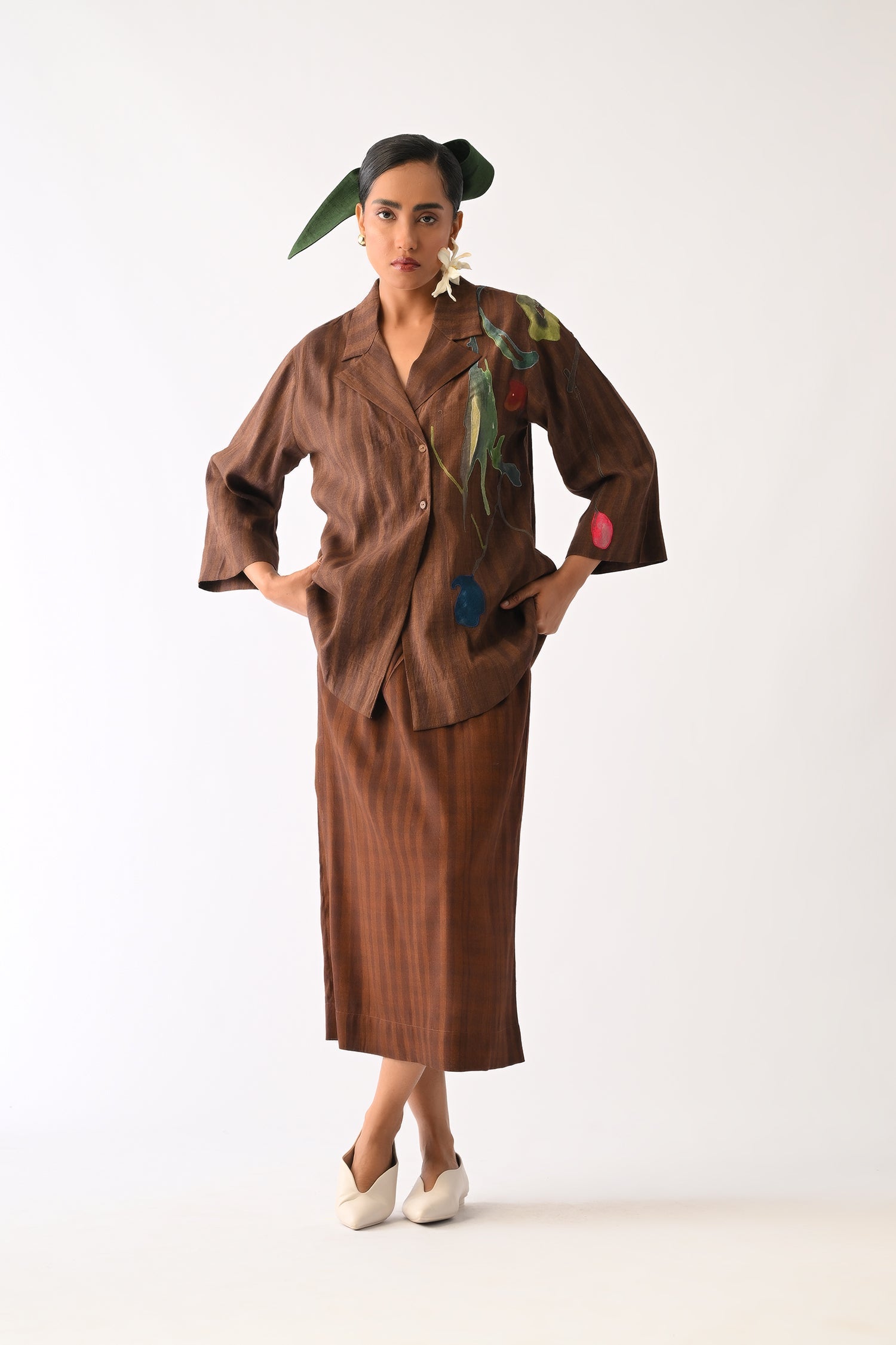 Brown Psyflora Appliqué Shirt Set
